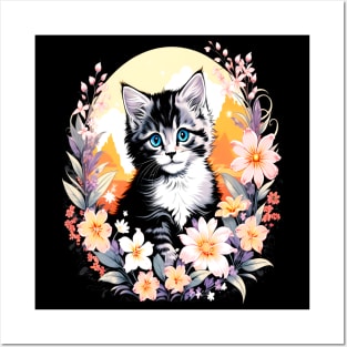 Black and Grey Kitten Surrounded by Spring Flowers Posters and Art